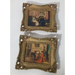 2 - Vintage Framed Jane Freeman Miniature Prints Girl Boy Piano Violin Red Dress
